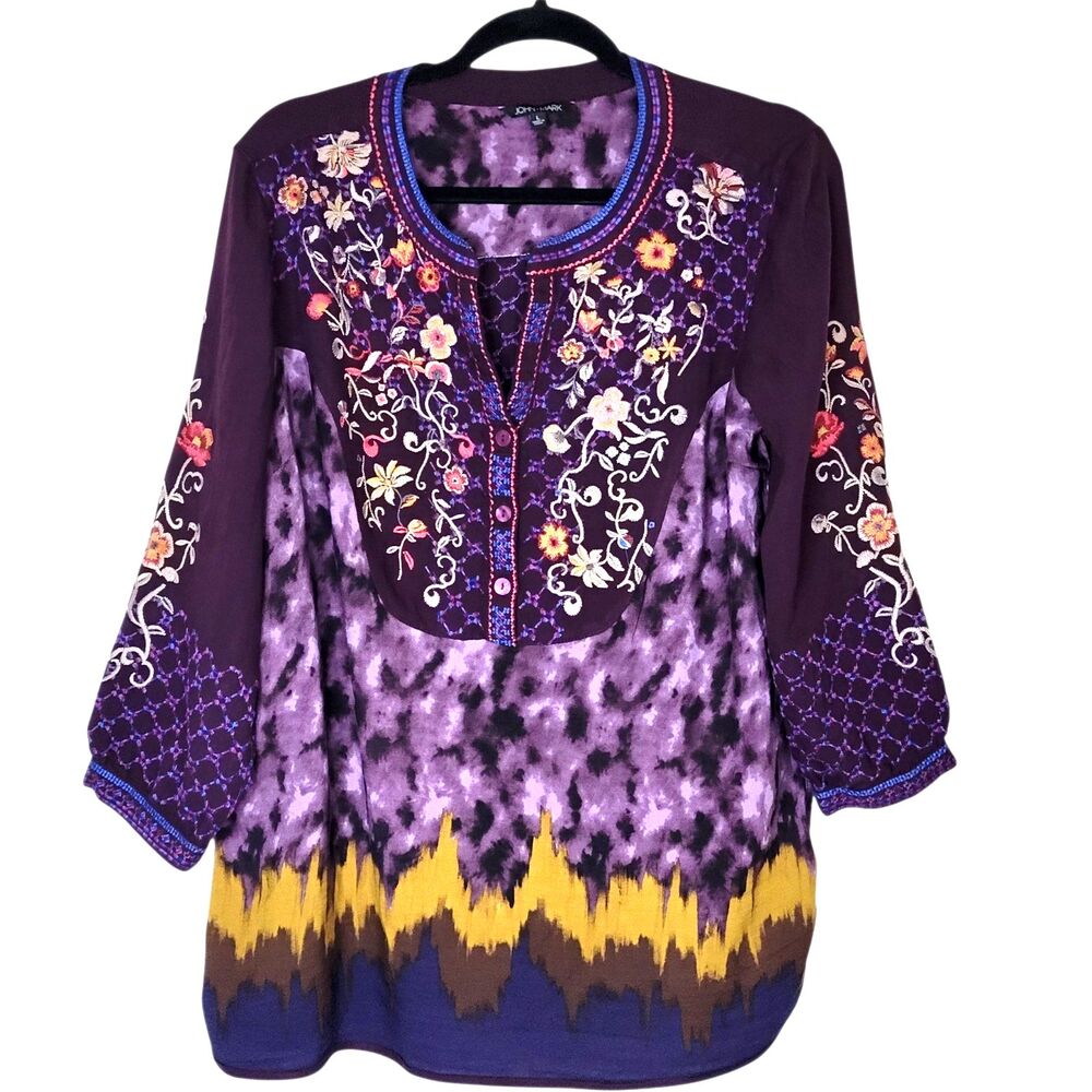 John Mark Women Tunic Top Size L  Embroidered Tie Dye Multicolor